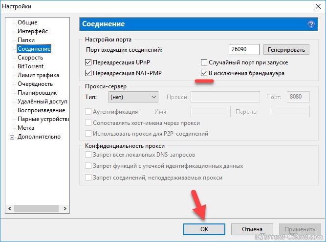 Галочка В исключения брандмауэра